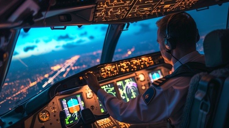Pilot monitoring illuminated cockpit instruments during a nighttime approach