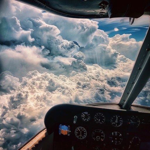 Aircraft instrument panel overlooking towering clouds from the cockpit